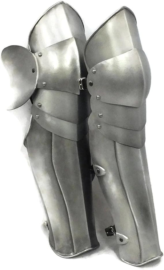 Pair of metal knee guards on a white background