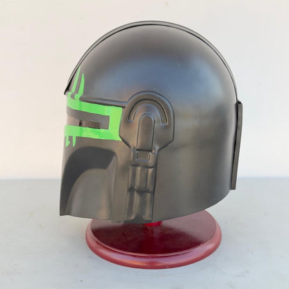 Handmade Mandalorian helmet displayed as Star Wars prop for cosplay and collectors