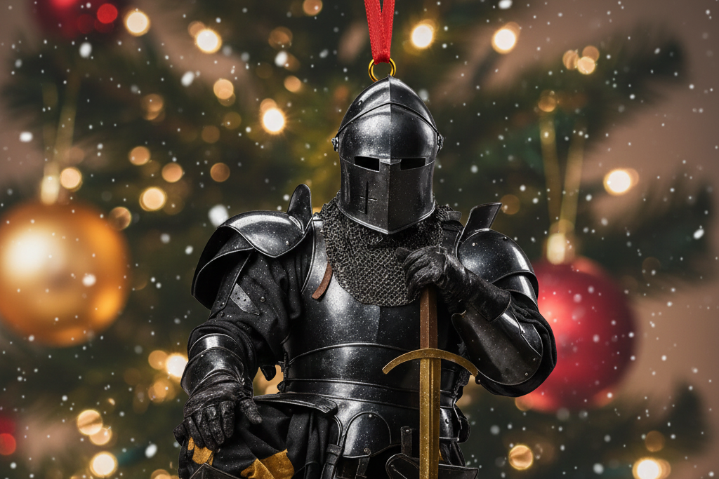 Decorative ornament of a knight in armor with a sword against a festive Christmas tree background.
