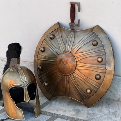 Close-up of Achilles Shield with leather straps for comfortable fit in medieval roleplay and cosplay