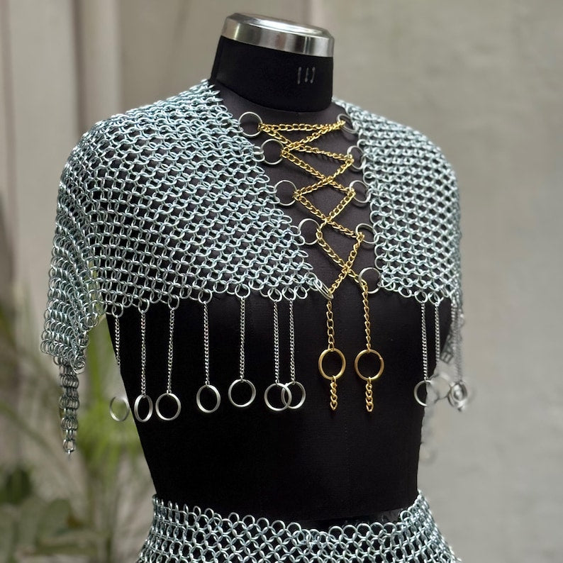 Adjustable chainmail harness in golden and silver finish for LARP, cosplay, or warrior fashion events