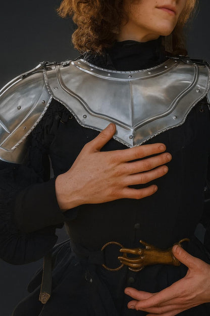 Medieval Steel Armor Pauldron Gorget Set with adjustable leather fittings for LARP and photoshoots