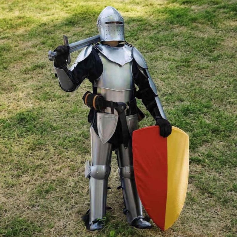 Adjustable genuine leather straps securing the handmade medieval knight suit of armor