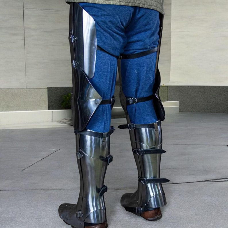 Adjustable genuine leather straps on medieval knight full leg armor for secure fit