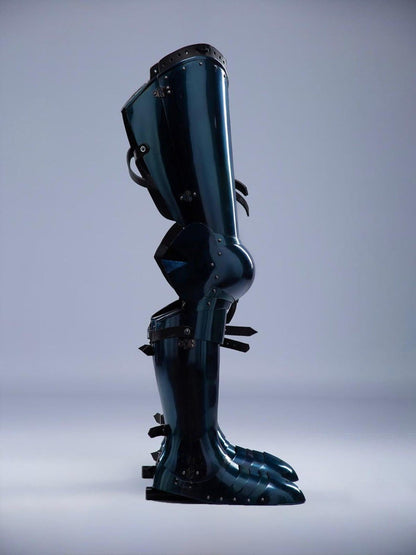 Blued Steel Leg Armor with adjustable genuine leather straps for secure fit