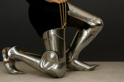 Medieval Steel Leg Armor with adjustable leather straps for secure LARP and cosplay fit