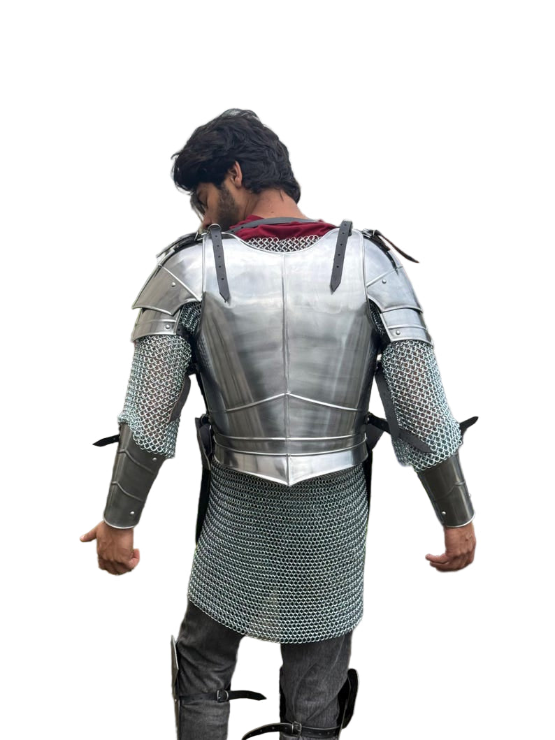 Close-up of adjustable leather straps on handmade steel Barbuta knight armor for cosplay and reenactment