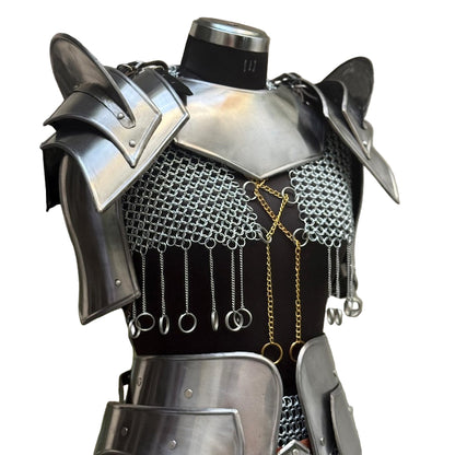 Adjustable leather straps on Mythic Valkyrie Warplate providing custom fit for cosplay and LARP events
