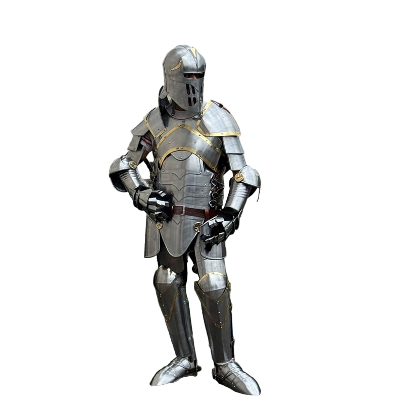 Aegis Prime medieval knight full-body armor front view with handcrafted steel and gold detailing