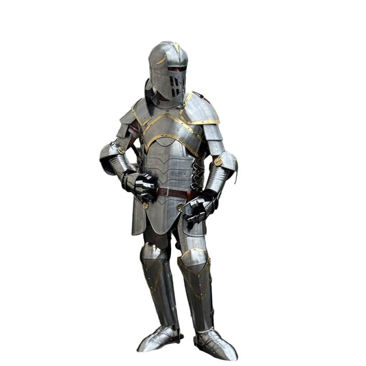 Aegis Prime medieval knight full-body armor front view with handcrafted steel and gold detailing