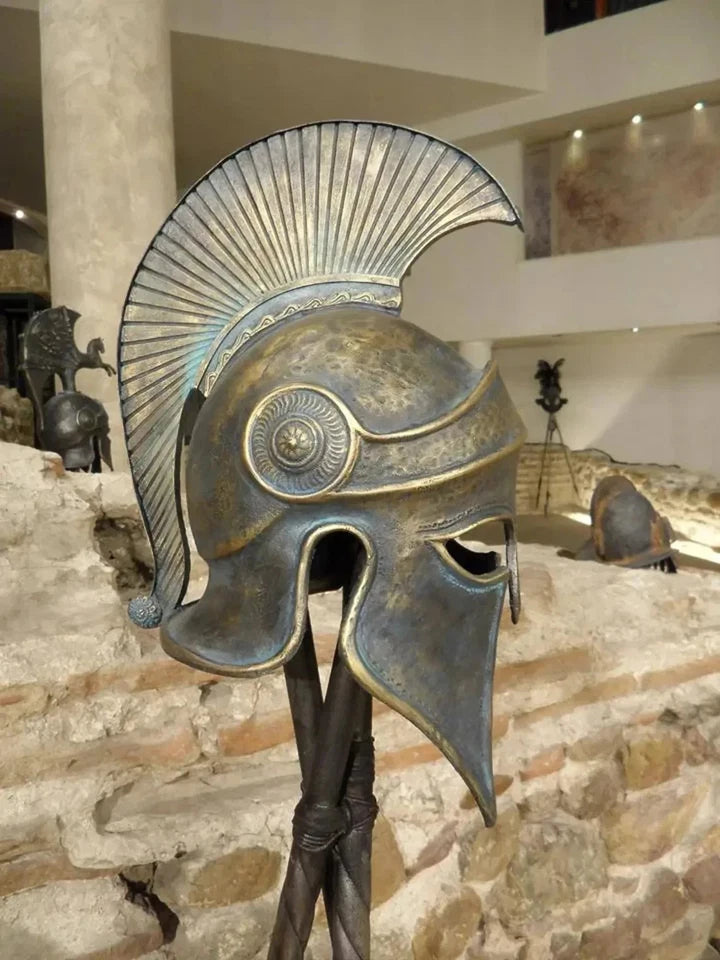 Ancient Corinthian Helmet made from iron steel with antique bronze finish inspired by Greek Spartan armor replica