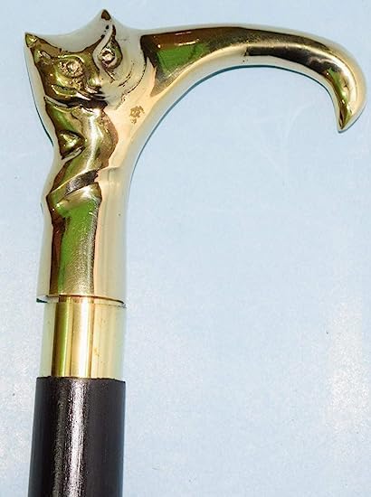 Antique brass cat head handle walking stick with 37-inch wooden shaft for men and women