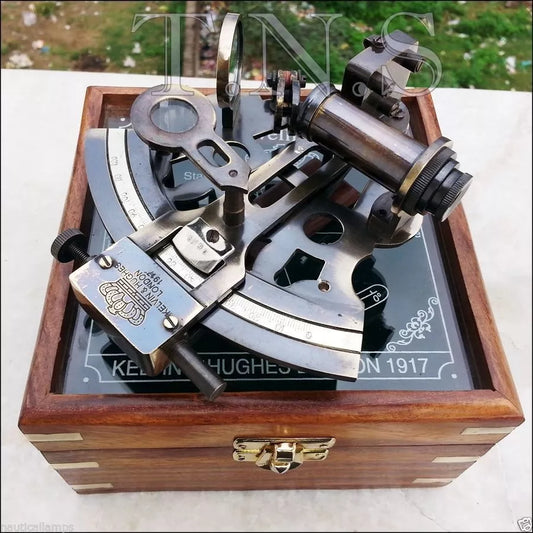 Antique brass German marine sextant replica of Kelvin & Hughes 1917 with wooden box

