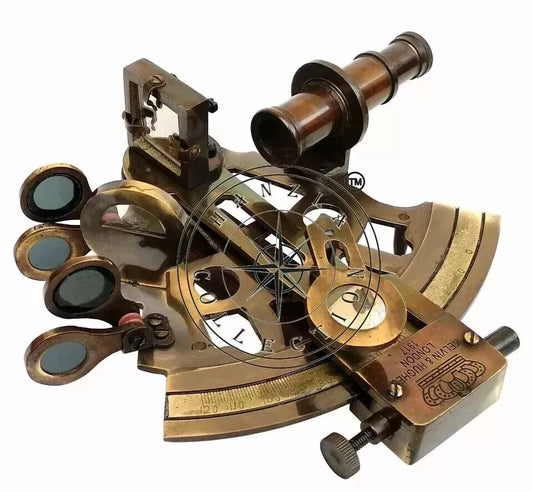 Antique brass marine sextant reproduction used as nautical astrolabe collectible

