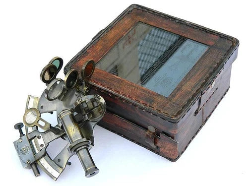 Antique brass nautical sextant replica of Kelvin & Hughes 1917 model with vintage finish


