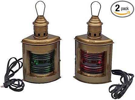 Front view of 2 pcs Antique Brass Port and Starboard Electric Lantern 12" with red and green glass