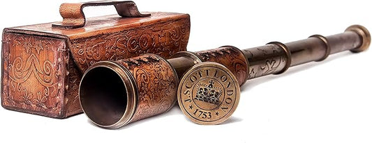 Antique brass spyglass telescope with vintage leather case for nautical decor