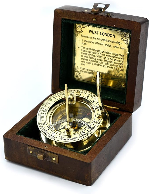 Antique Brass Sundial Compass in Wooden Gift Box - Vintage Nautical Decor