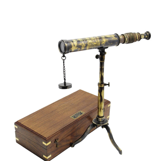 Antique 11-inch brass telescope with wooden tripod for home decor
