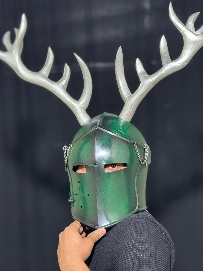 Antique green Handmade Steel Barbuta Helmet with Antlers for collectors, display, and medieval armor enthusiasts