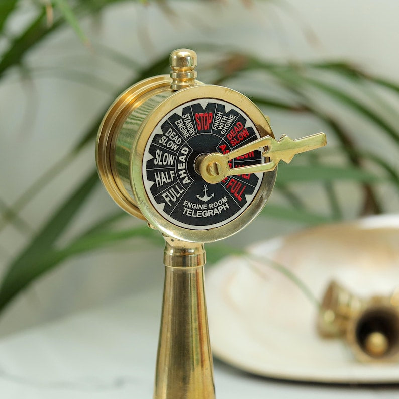 Antique polished brass miniature engine room telegraph – perfect vintage boat gift.