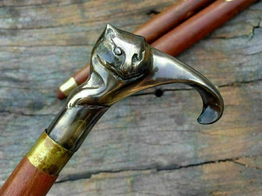 Antique Solid Brass Cat Head Handle Walking Stick with wooden shaft and vintage finish