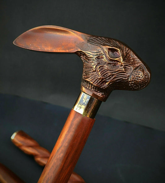 Antique Victorian wooden walking cane sticks rabbit head handle vintage designer