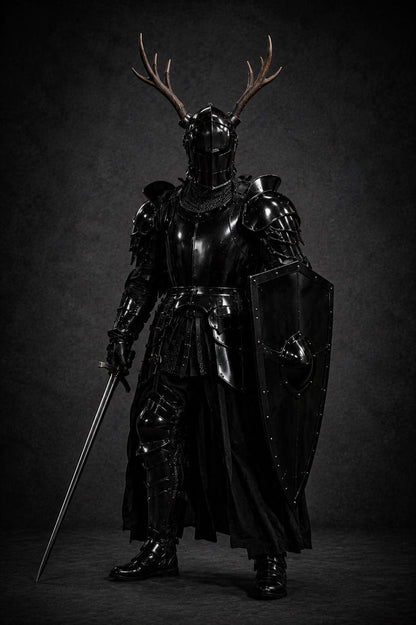 Antler Barbuta Knight Armor Suit – 15th Century Crusader Steel Helmet LARP costume front view