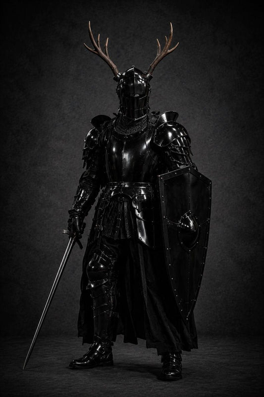 Antler Barbuta Knight Armor Suit – 15th Century Crusader Steel Helmet LARP costume front view