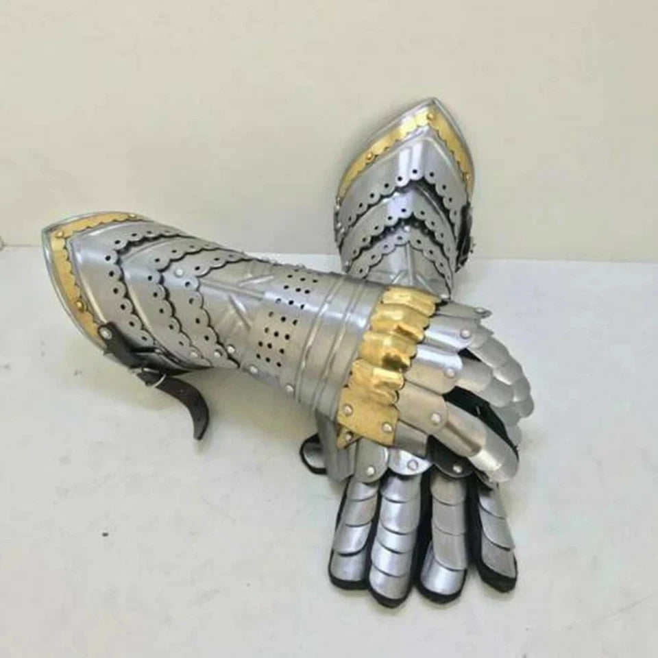 Artisans Hub 15th Century German Style Steel Armor Gauntlets with Leather Gloves

