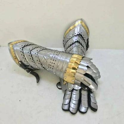 Artisans Hub 15th Century German Style Steel Armor Gauntlets with Leather Gloves

