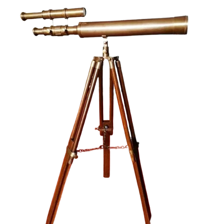 Alt Text: Artisans Hub antique brass telescope with adjustable wooden tripod, elegant vintage decor piece

