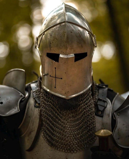 Close-up of Barbuta-style helmet with cross-slit visor and chainmail coif