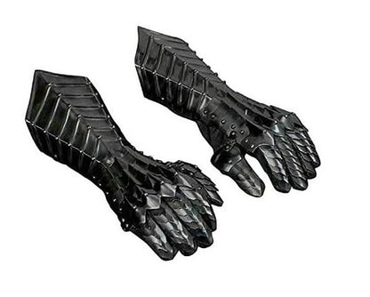 Exterior view of Artisans Hub black antique medieval gauntlets showcasing Gothic-style 18-gauge steel construction and antique finish
