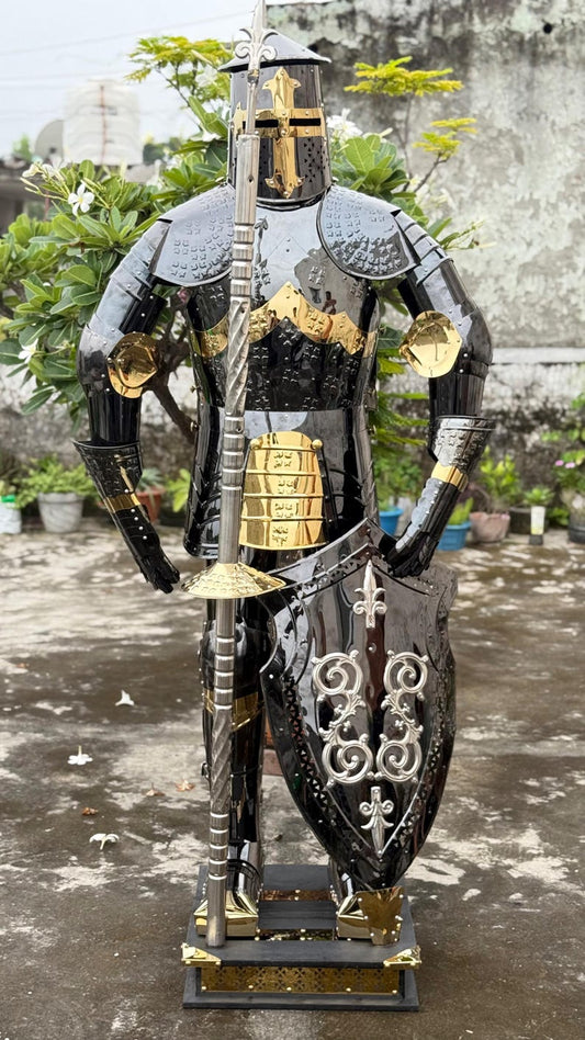 Artisans Hub Full Body Black Crusader Knight Armor – Mirror-Finish Stainless Steel Medieval Suit