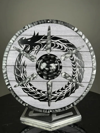 Front view of Artisans Hub Dragon Shield, 24-inch battle-worn Viking wooden shield

