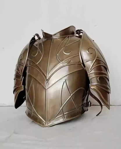 Close-up of pauldrons on Artisans Hub LOTR Elven Armor, handcrafted mild steel detail