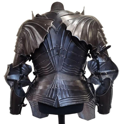 Back side of Gothic medieval armor suit with full leg and arm guards