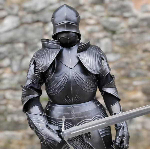 Front view of Artisans Hub Gothic Knight Full Body Armor in matte black