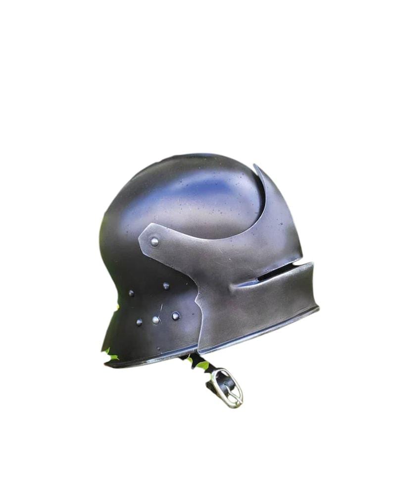 Close-up of gothic horned helmet with dark steel finish