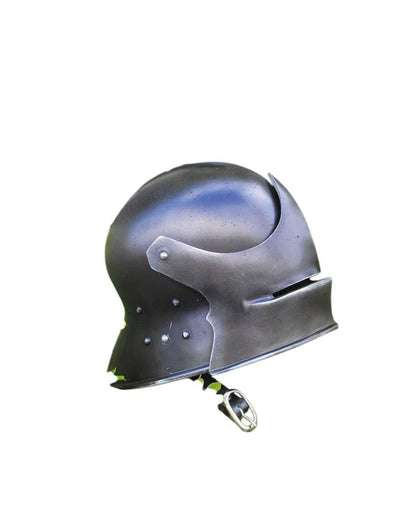 Close-up of gothic horned helmet with dark steel finish