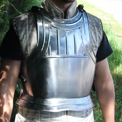 Model wearing Artisans Hub medieval Gothic armor breastplate with adjustable straps

