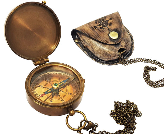 Artisans Hub brass compass inside genuine cowhide leather case with compass rose stamp
