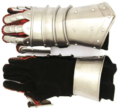 Close-up of Artisans Hub medieval gauntlets highlighting genuine suede leather straps and lacquered interior finish
