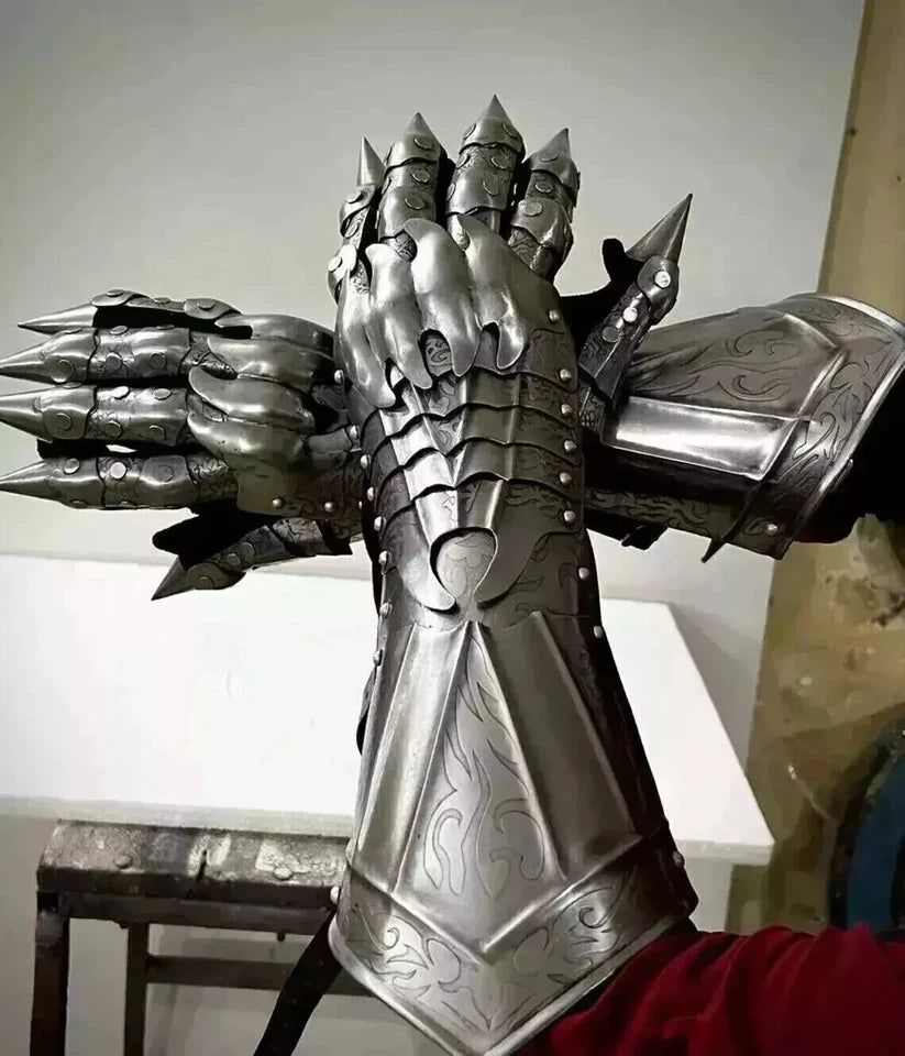Front view of Artisans Hub medieval Gothic knight gauntlets showing full steel construction and articulated finger design
