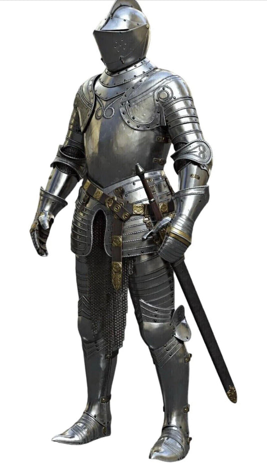 Front view of Medieval Knight full suit of steel armor, wearable costume