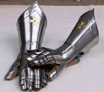 Close-up of Artisans Hub medieval knight gauntlets showing rust-free painted interior and thick leather straps
