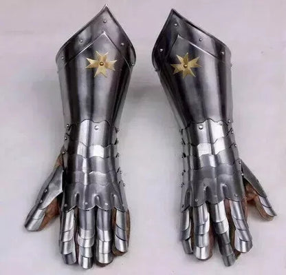 Front view of Artisans Hub medieval knight gauntlets made with 18 gauge steel and brass, featuring adjustable leather straps
