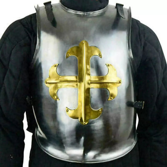 Artisans Hub Medieval Templar Armor Cuirass with brass cross front view, steel and leather cosplay jacket