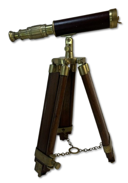 Front view of Artisans Hub nautical decor telescope with brass tripod and hardwood stand